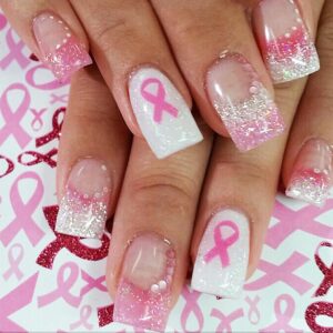 Breast Cancer Press on Nails Square Pink Ribbon Fake Nails Glitter French Tips Glue on Nails Breast Cancer Awareness Acrylic Nail Art Supplies Full Cover Sparkly False Nails for Women Girls, 24pcs