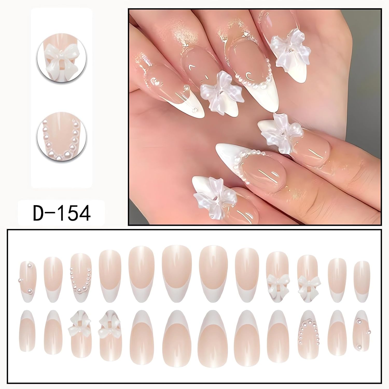 White French Tip Press on Nails Almond Medium Fake Nails with Charms 3D Bow Pearl Acrylic False Nails Cute Artificial Nails Press ons Reusable Glue on Nails for Women and Girls 24Pcs - Image 2