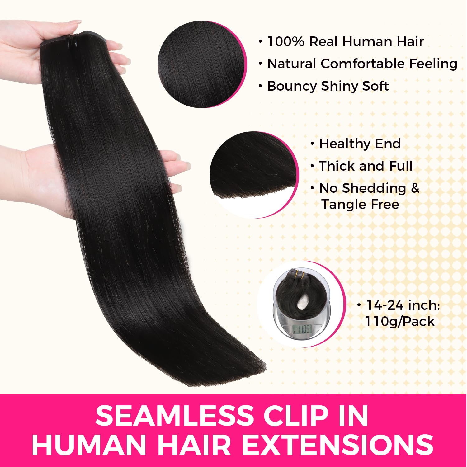 Lashey Seamless Clip in Hair Extensions Human Hair Light Yaki Straight Clip in Hair Extensions 16 Inch 7pcs 110g Natural Black PU Clip in Hair Extensions Human Hair for Women - Image 3