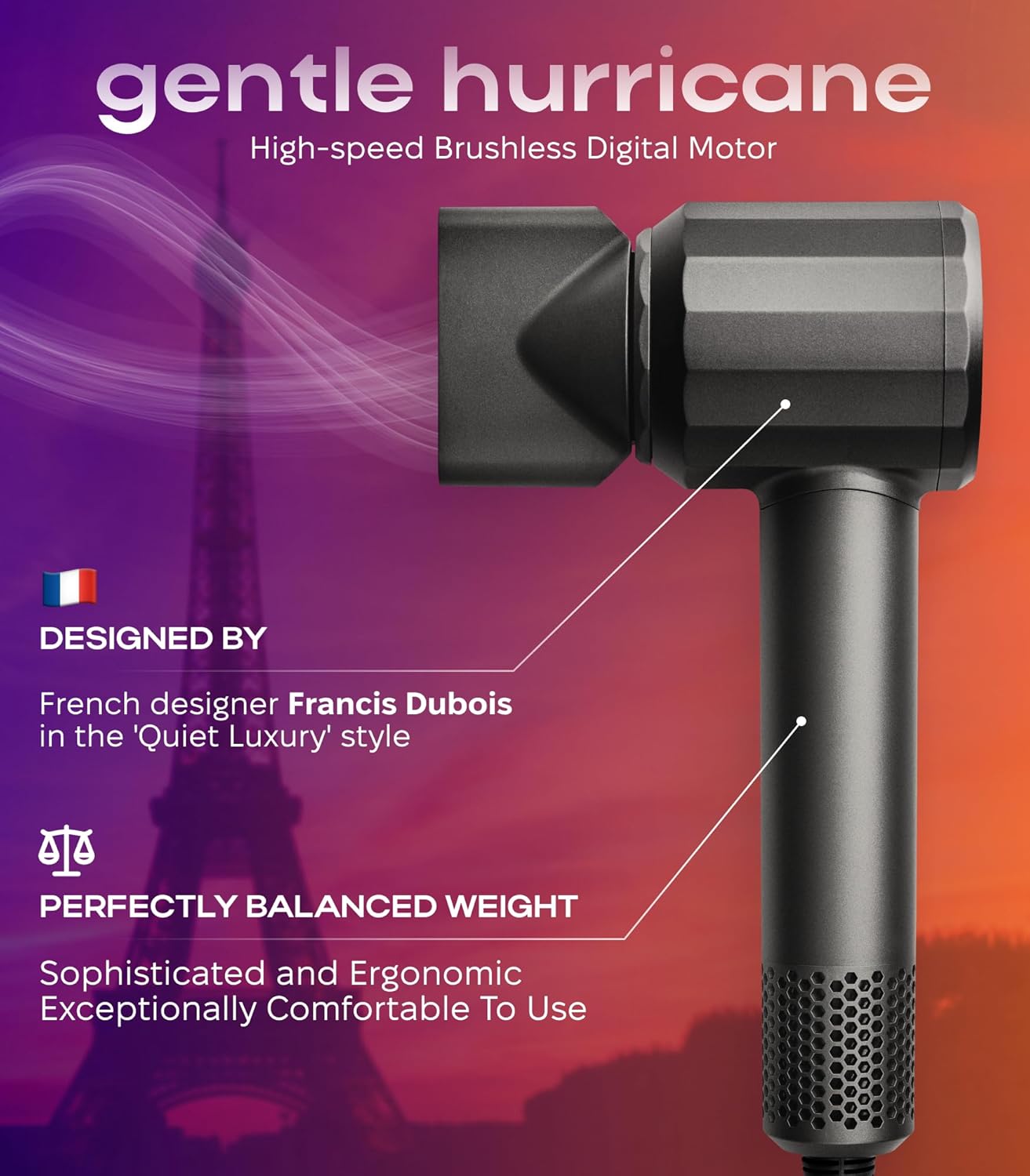 Ionic Hair Dryer Premium Quality, High-Speed Professional Brushless Motor 110,000 RPM, 1600W Power, 9 ft Long Cord and Magnetic Nozzle, Lightweight Blow Dryer, Quiet Fast Drying for Women & Men (Gray) - Image 3