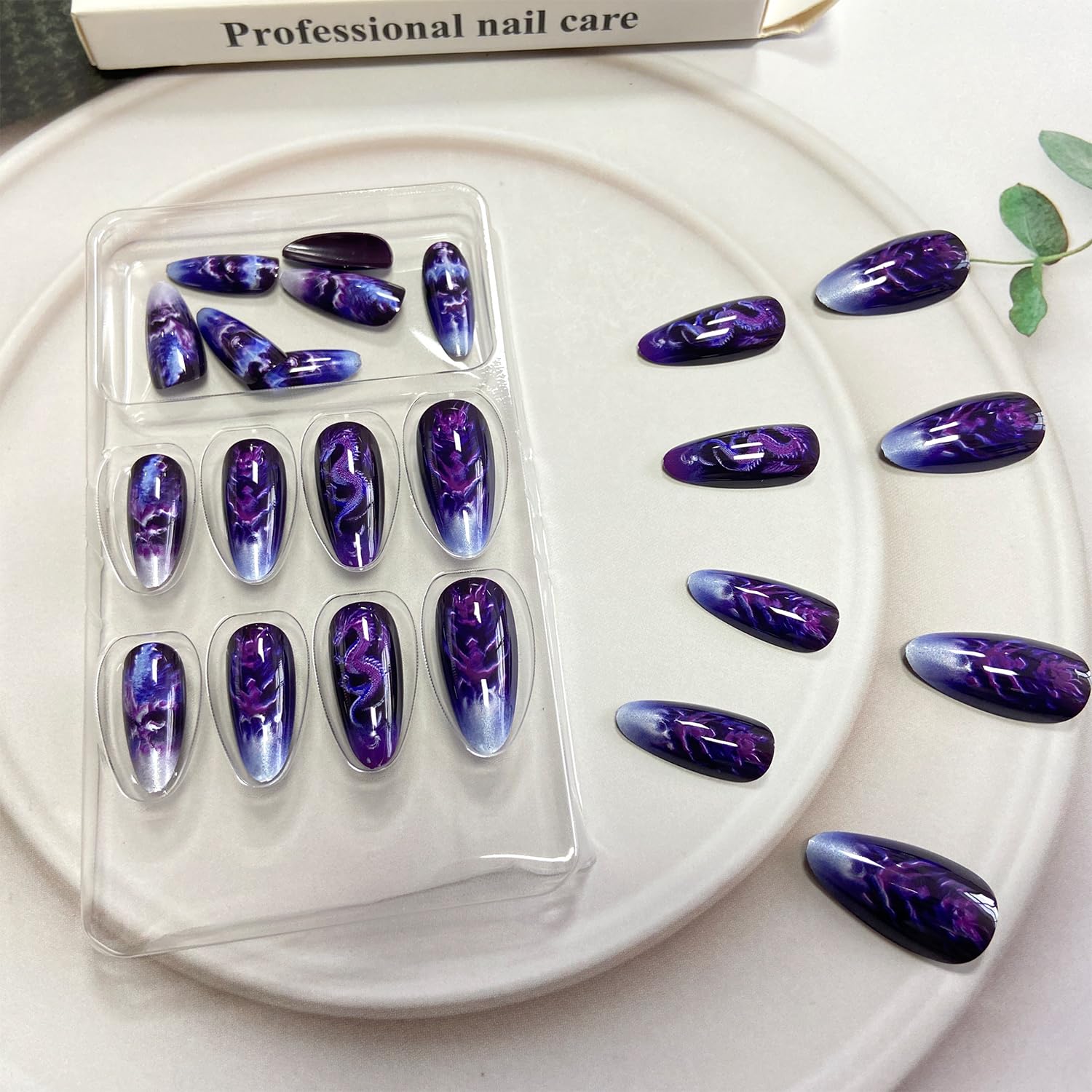 Chinese Dragon Press press on Nails Medium Almond Fake Nails With Dragon Pattern Designs Purple False Nails Full Cover Stick on Nails Acrylic Artificial Nails for Women Glue on Nails 24 Pcs - Image 5