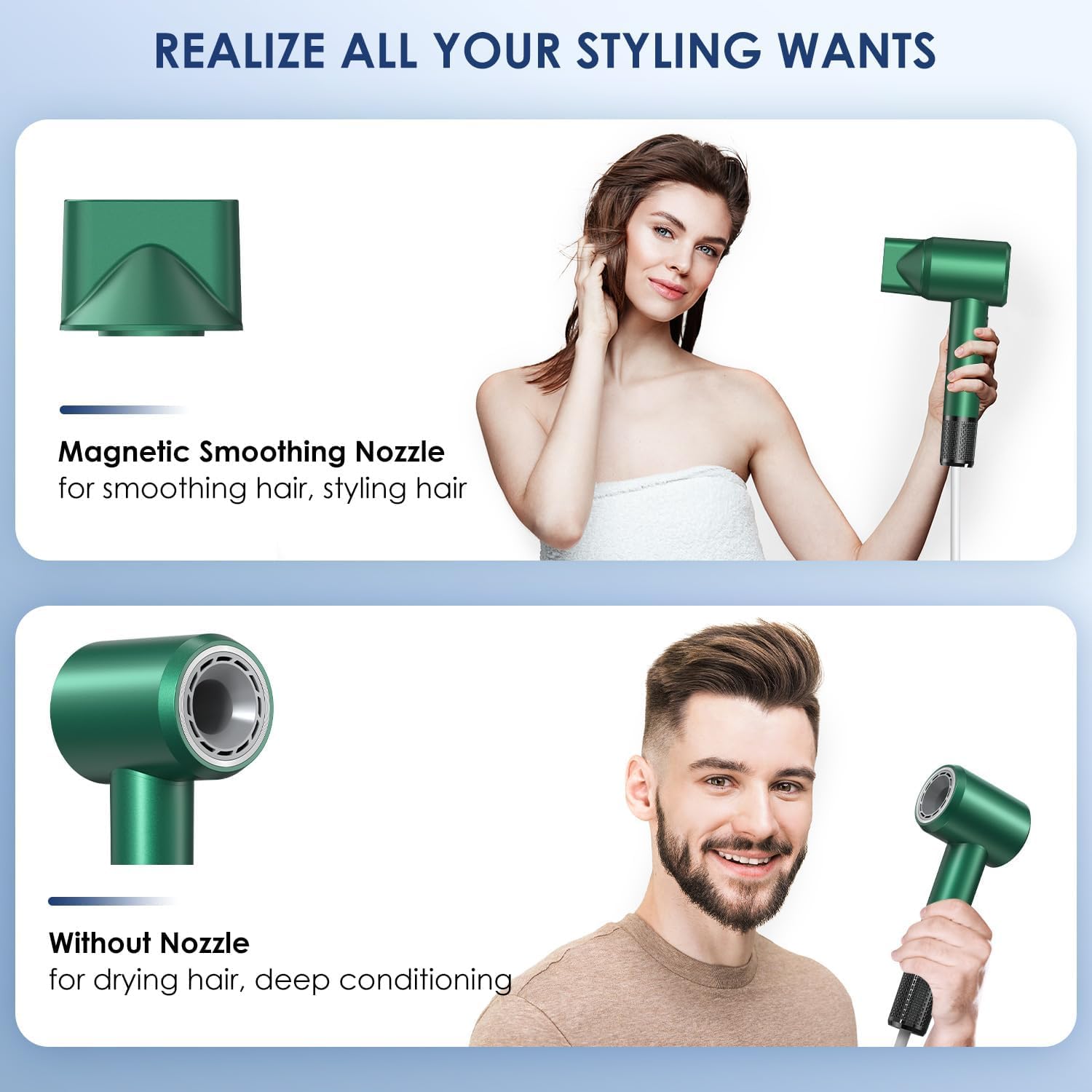Professional Hair Dryer - 150000 RPM High-Speed, Negative Ionic for Fast Drying and Hair Care. Low Noise, 4 Temps/2 Speeds, Lightweight with Magnetic Nozzle. (Green) - Image 5