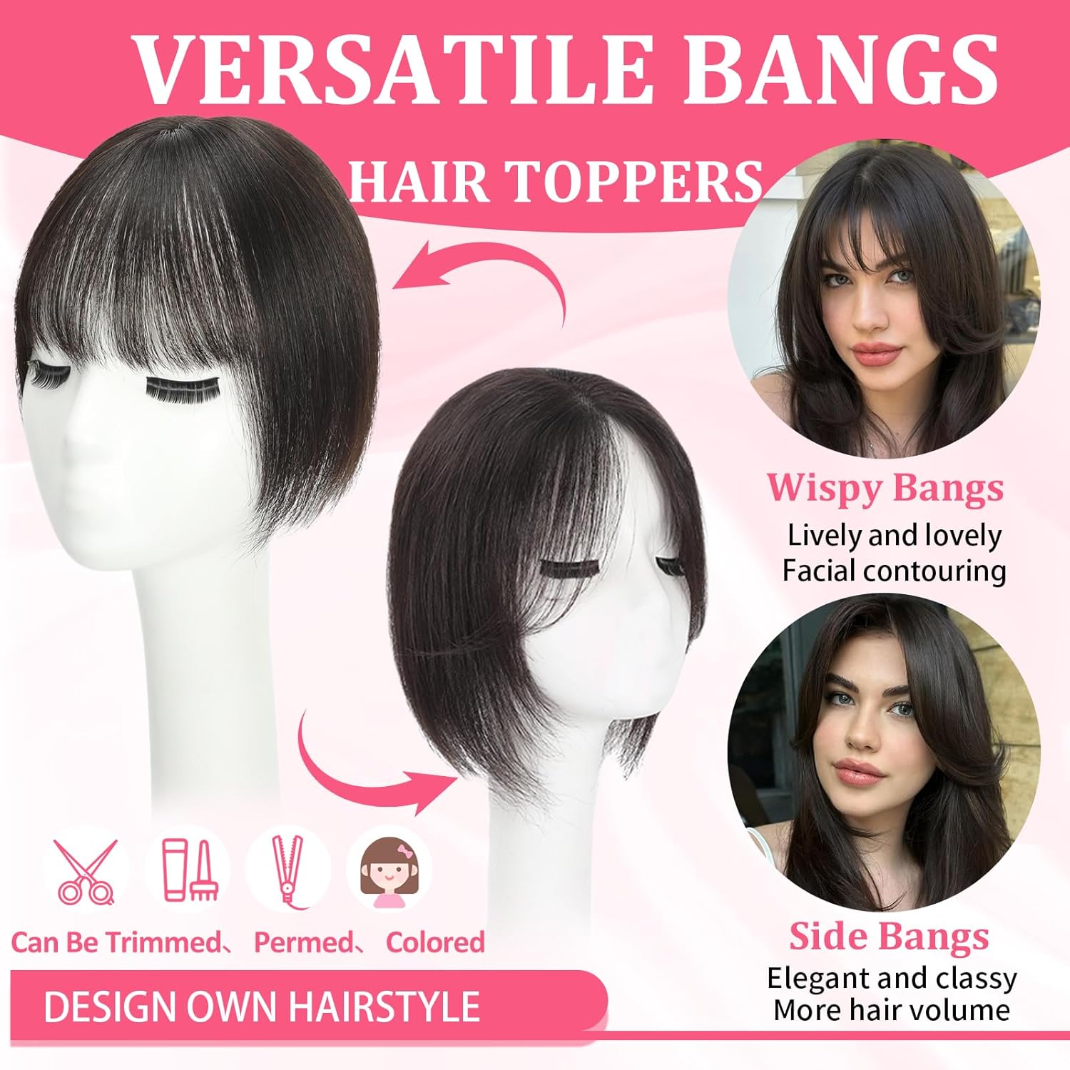 Hair Toppers for Women Real Human Hair, Upgrade Base Seamless 360ยฐ Cover 3D Wispy Clip in Bangs Toppers Hairpieces for Women with Thinning hair Dark Brown Short Topper - Image 7