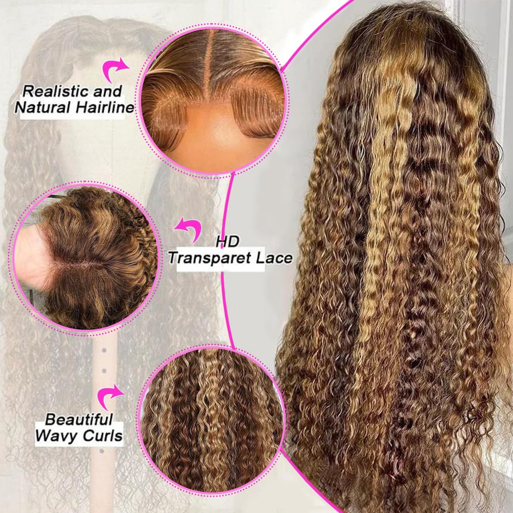 abbildung 30inch Highlight Ombre Lace Front Wig Human Hair 13x6 HD Honey Blonde 4/27 Deep Wave Lace Frontal Wigs Glueless Wigs Human Hair - Image 4
