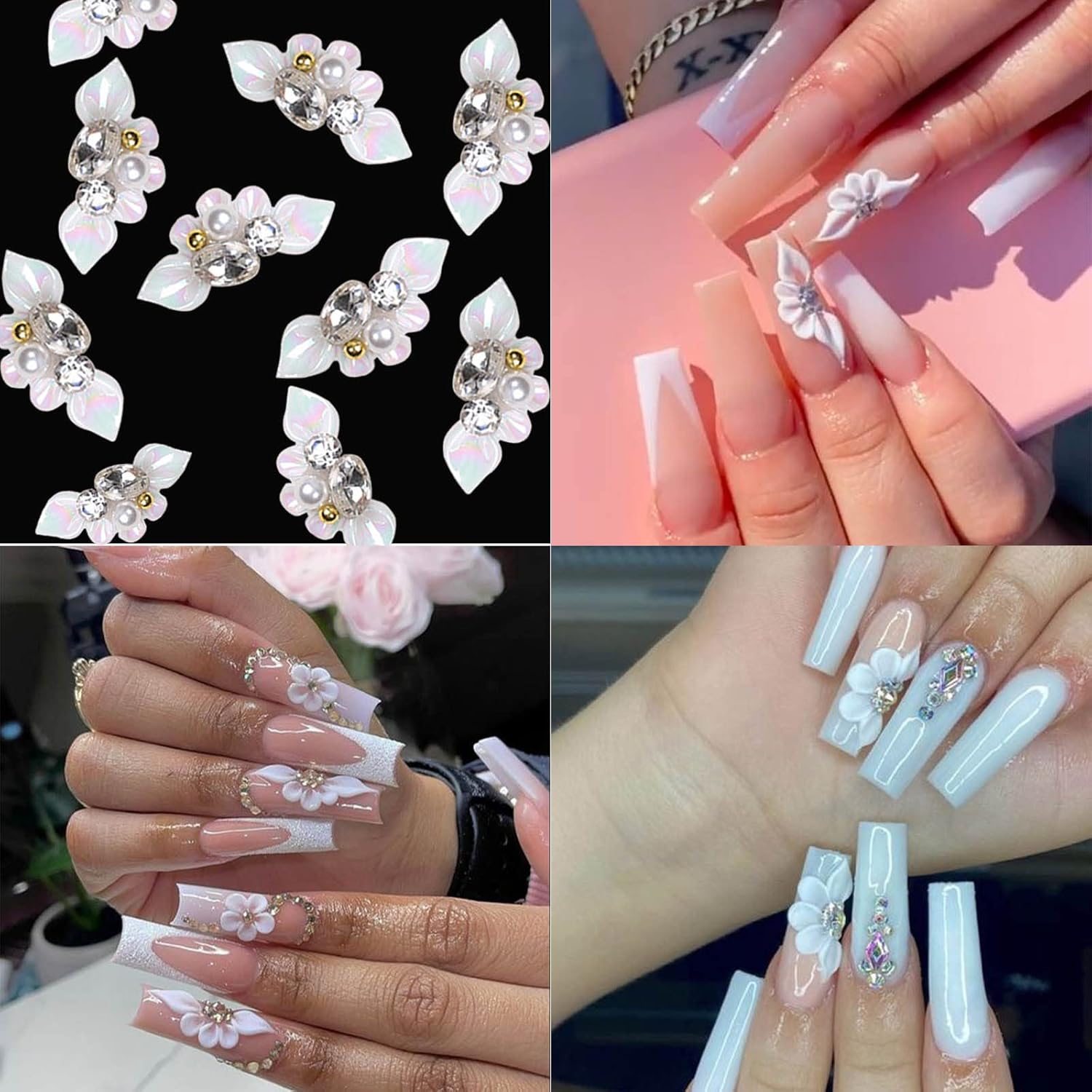 Nail Art Charms 3D Flower Nail Charms for Acrylic Nails White Gold Nail Art Supplies Luxurious Gems Rhinestones Pearls Design Nail Accessories for Women and Girls Nail Decorations. - Image 3
