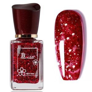 Chunky & Fine Red Glitter Nail Polish Quick Dry, Red Sparkle Nail Polish Long Wearing, Sparkly Red Nail Polish Vegan, Chunky Glitter Gel Polish Red, Red Reflective Glitter Gel Polish for Women Girls