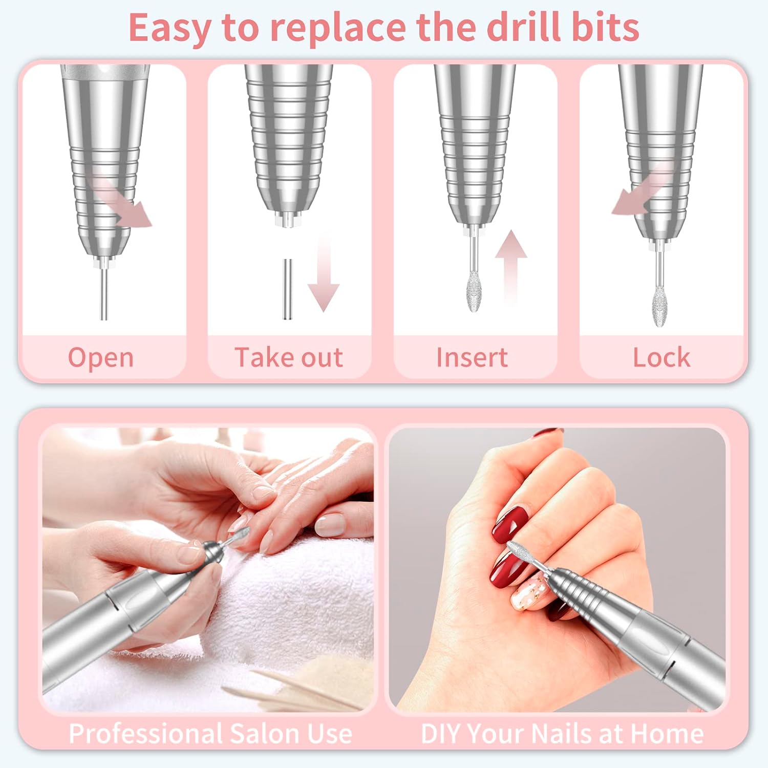 Portable Nail Drill Professional 35000 RPM, MOCOWIND Rechargeable Electric Nail File Machine E File for Acrylic Gel Polishing Removing, Cordless E-file with Bits Kit for Manicure Salon Home,Pink - Image 6