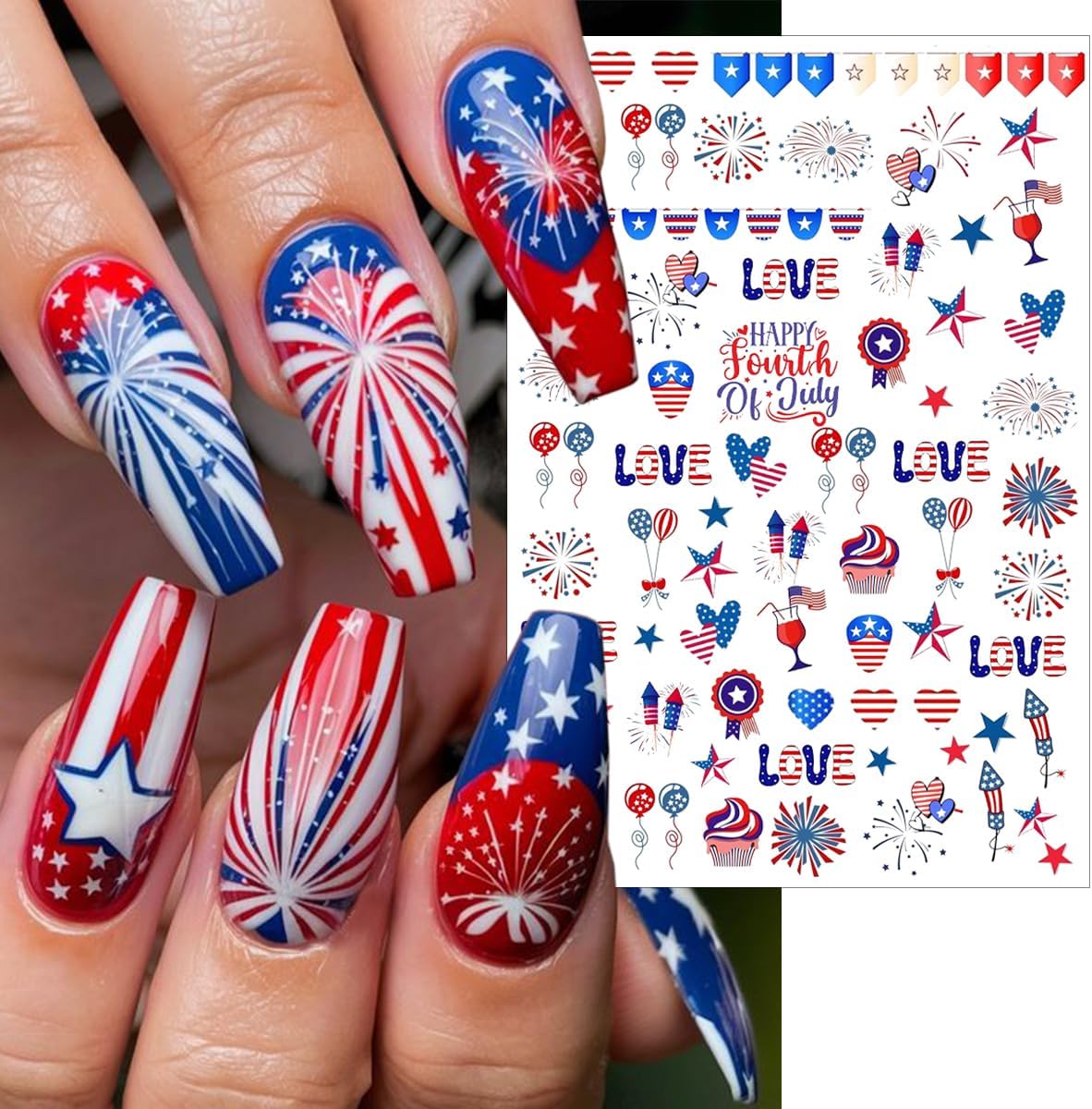 6 Sheets 4th of July Nail Stickers for Nail Art 3D Self Adhesive Independence Day Nail Art Stickers American Flag Stars Letters Fireworks USA Nail Decals Fourth of July Design Sticker for Women - Image 2