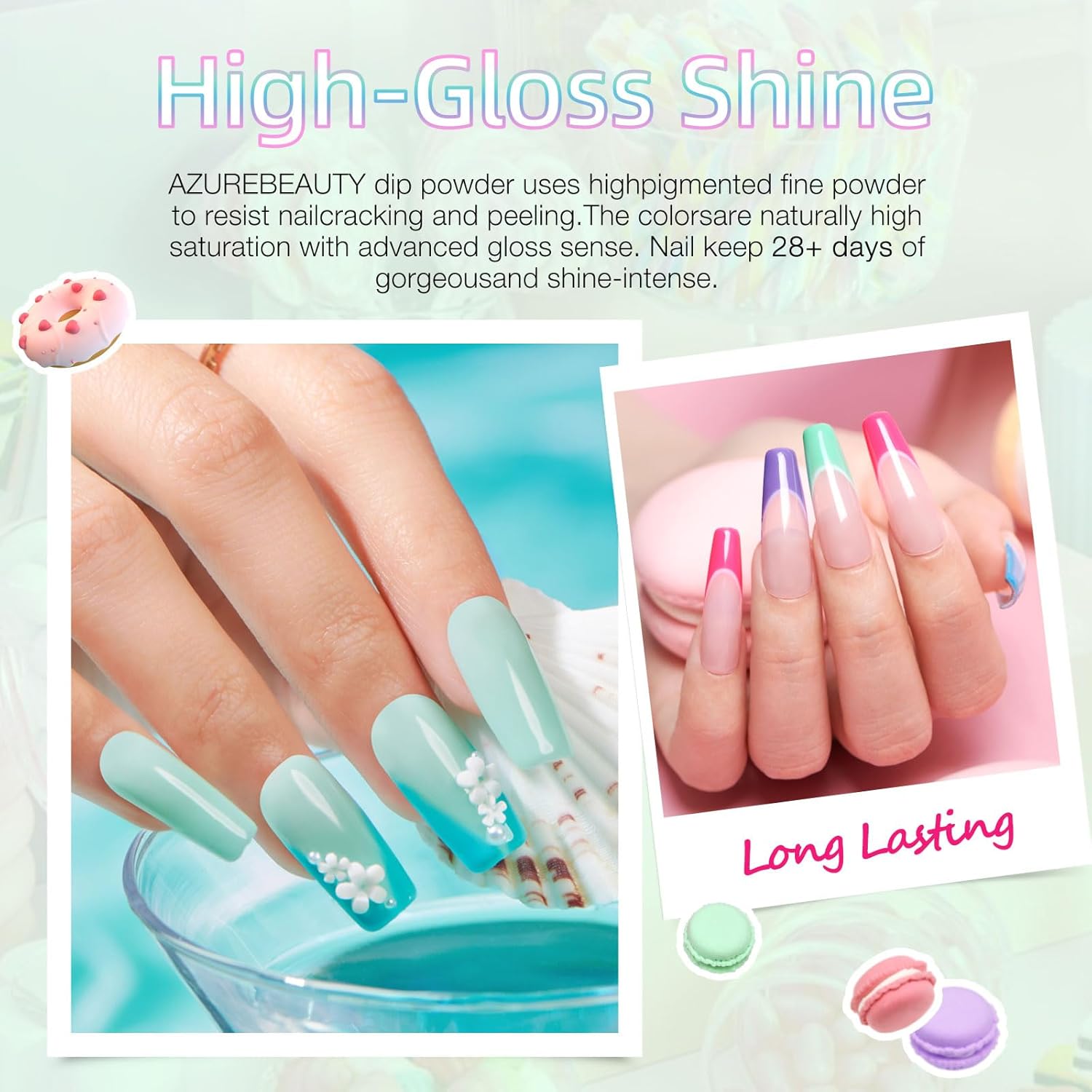AZUREBEAUTY Dip Powder Nail Kit Starter, Spring Summer Bright Pastel Green Hot Pink Purple 4 Colors Dipping Powder Liquid Set with Base/Top Coat Activator for French Nail Art Manicure DIY Easter Gift - Image 2