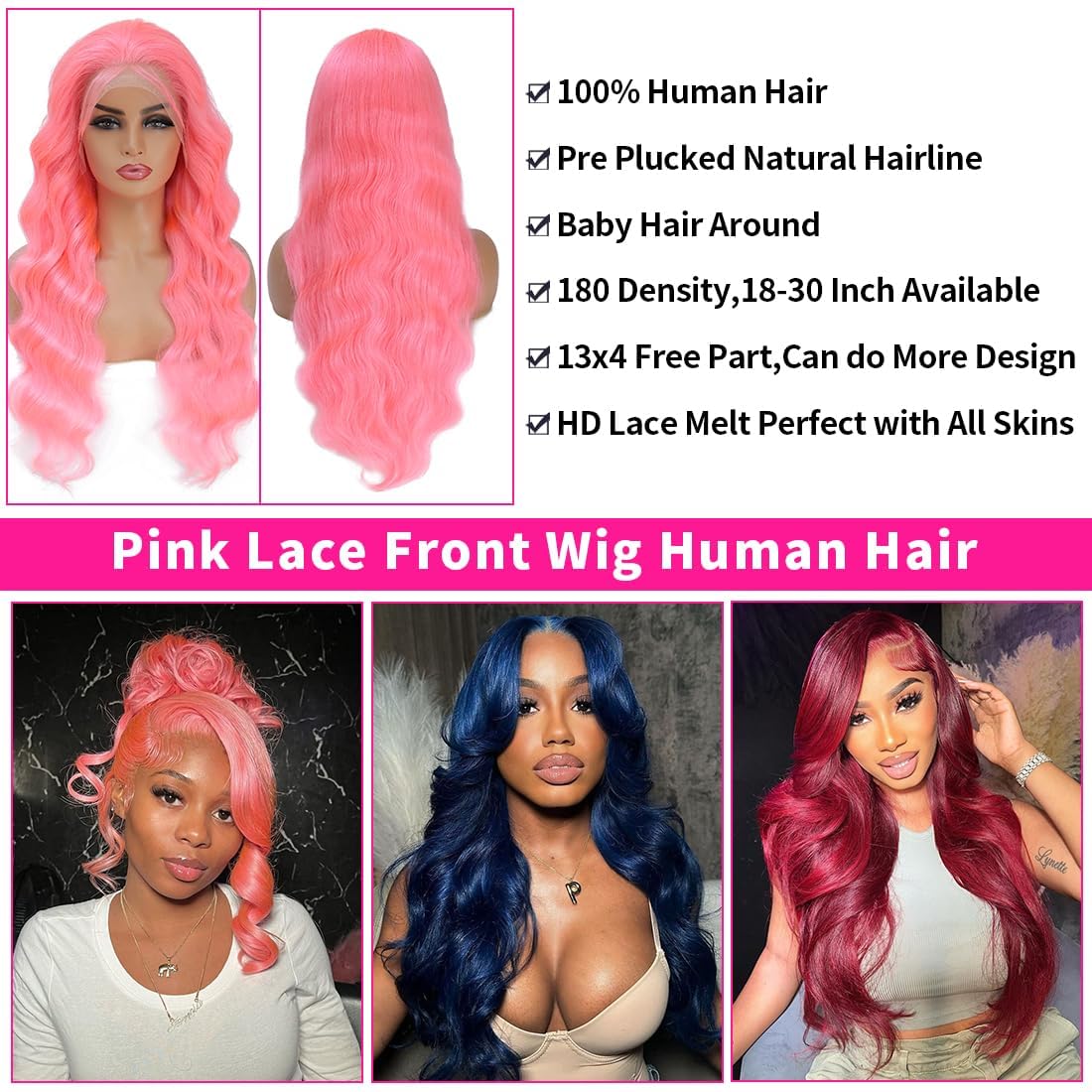 Pink Lace Front Wigs Human hair Pink Wigs Human Hair Body Curly Human Hair Wig For Women Body Wave Lace Frontal Wigs Human Hair 200% Density HD Transparent Pre Plucked 26 inch - Image 3