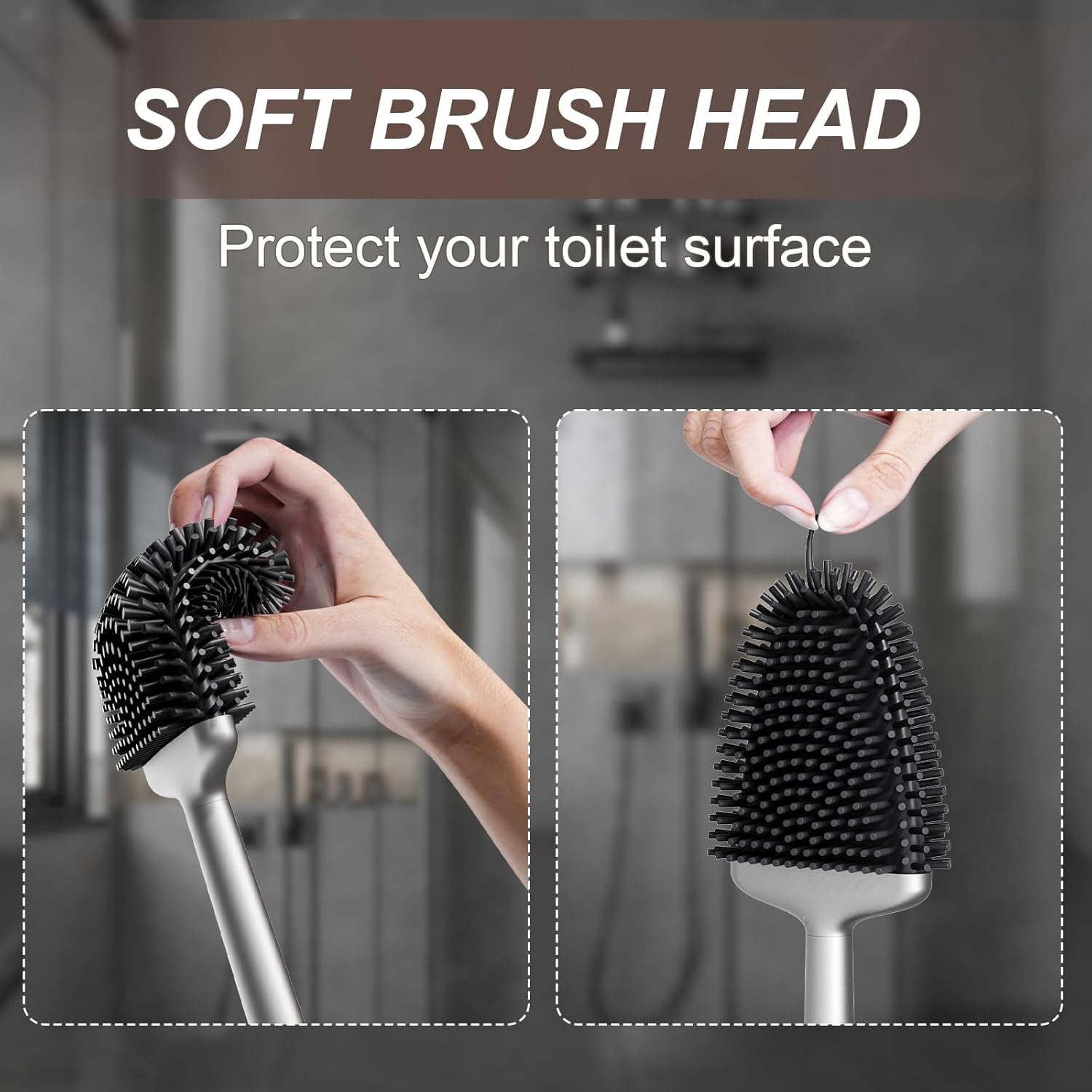 Sellemer Silver Toilet Brush and Holder Set with Flexible Silicone Bristles Compact Size - Image 4