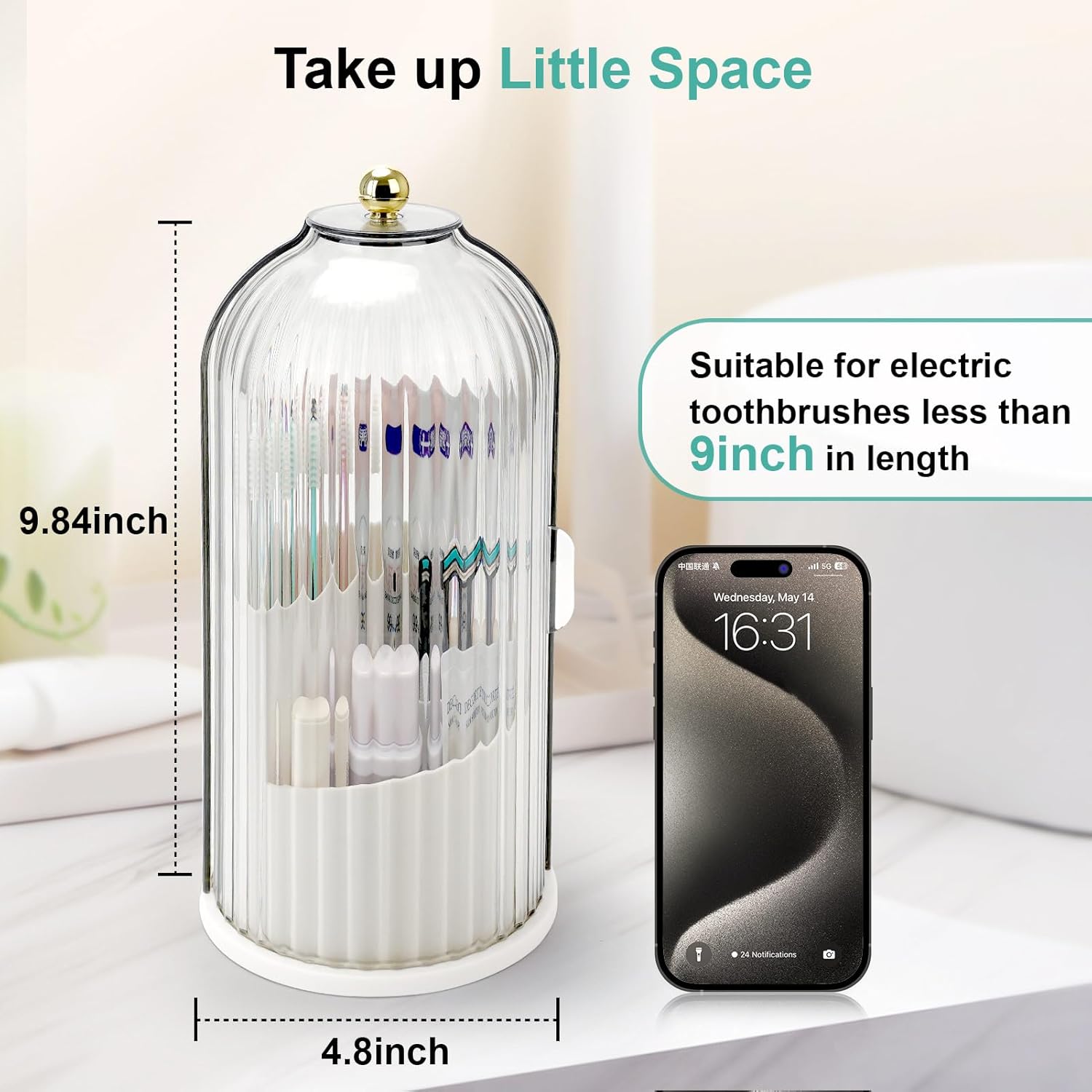 Toothbrush Holders with Sliding Lid, Rotating 3 Slots Bathroom Organizer Countertop, Tooth Brush Toothpaste Holder Bathroom Counter Stand Sink Organizer Caddy for Vanity Makeup Brushes Holder - Image 6