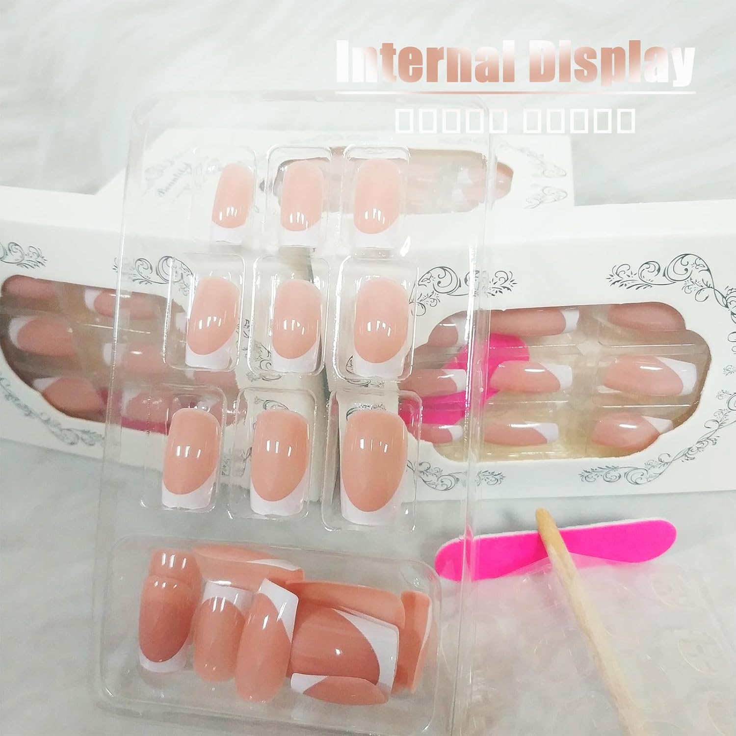 24Pcs White French Tips Press on Nails with Simple Design, Glossy Nude Medium-Short Square False Nails Gel Glue on Nails, French Manicure Art Acrylic Fake Nails Stick on Nails for Coquette Women Girls - Image 9