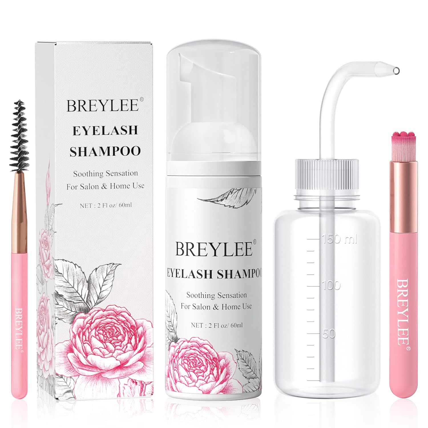 BREYLEE Shampoo for Lash Extensions, 60ml+Rinse Bottle+Brushes, Eyelash Extension Cleanser, Lash Wash Bath, Lash Cleaner for Makeup Cleansing Foams, Paraben & Sulfate Free for Salon and Home Use