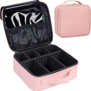 Travel Makeup Case, PU Leather Portable Organizer Makeup Train Case Makeup Bag Cosmetic Case with Adjustable Dividers for Cosmetics Makeup Brushes Women (Pink)