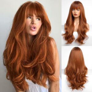 Auburn Wigs with Bangs Long Wavy Layered Heat Resistant Wigs Human Hair Natural Comfortable Capless for Daily Use (Auburn,26 Inch)