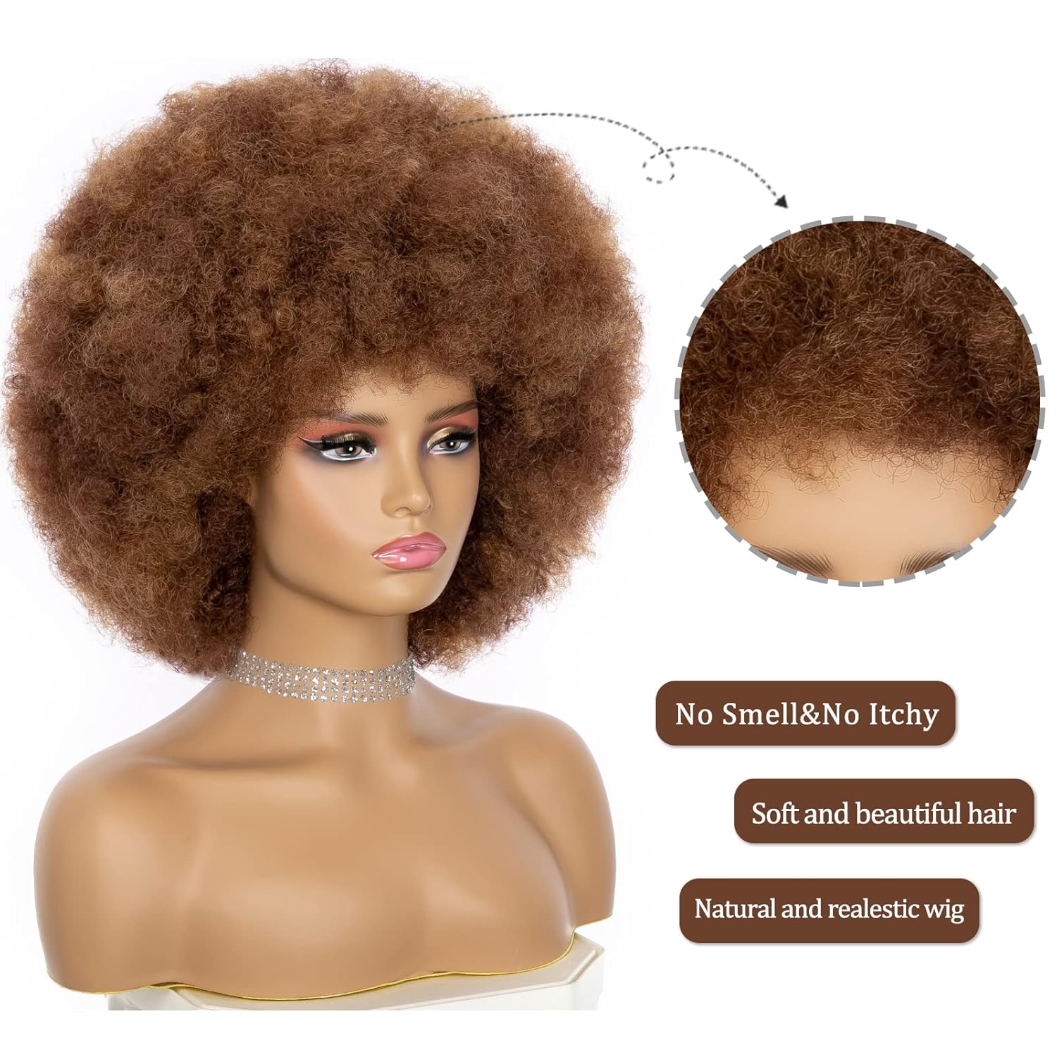 Afro Wig For Women - Mix Brown 70s Afro Wigs Natural Looking Huge Afro Kinky Curly Wigs With Bangs Short Bouncy Afro Curly Wig Soft Afro Puff Wig Synthetic Hair Afro Wig For Daily Party Use - Image 3