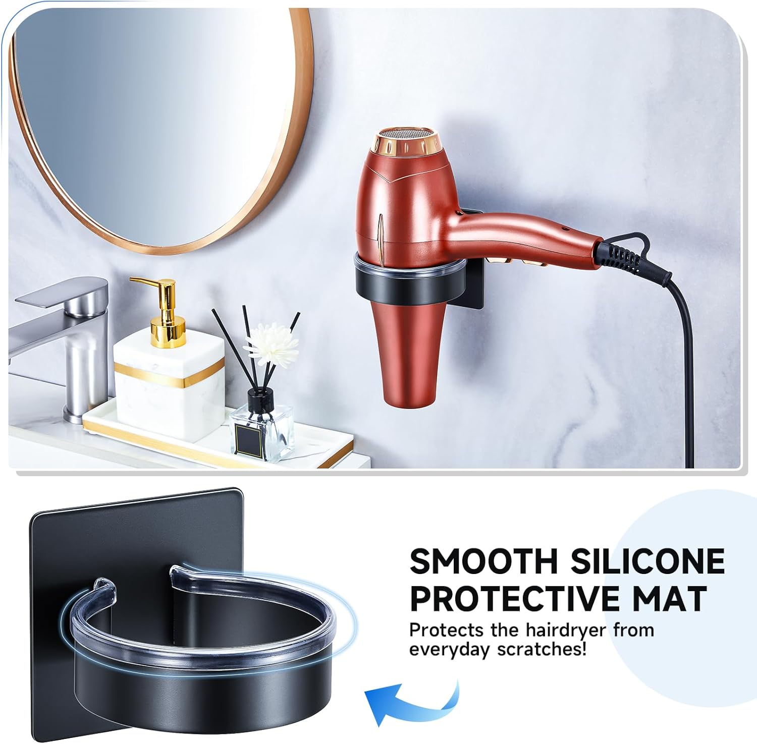 Hair Dryer Holder, Black Blow Dryer Holder Wall Mounted, Hairdryer Holder for Bathroom, Adhesive Hair Tool Organizer for Hair Dryer Storage Organizer, Stainless Steel Hair Dryer Hanger - Image 5