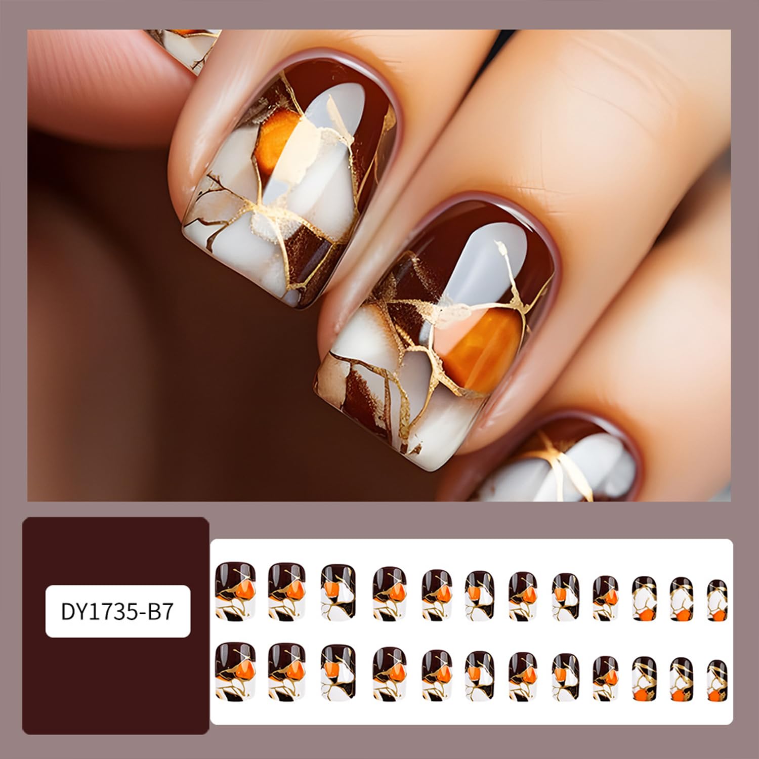 Short Square Press on Nails with Designs Marble Texture Fake Nails Acrylic Glue on Nails Brown False Nails Glossy Full Cover Stick on Nails for Women Artificial Nails 24 Pcs - Image 2