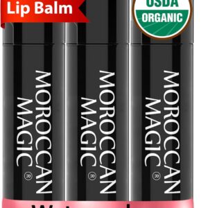 Moroccan Magic Organic Watermelon Lip Balm 3 Pack | Ultra-Hydrating Argan & Essential Oil Lip Moisturizer + Vitamin E | Natural Chapstick for Dry Lips | Smooth, Non-Toxic | Organic Lip Balm