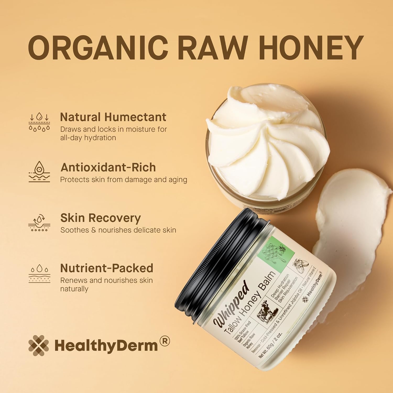 Beef Tallow Honey Balm for Skin: 100% Grass Fed Whipped Organic Moisturizer with Organic Raw Honey, Jojoba Oil, Vitamin E – Natural Face and Body Care for Mature, Dry or Sensitive Skin, 2oz - Image 5