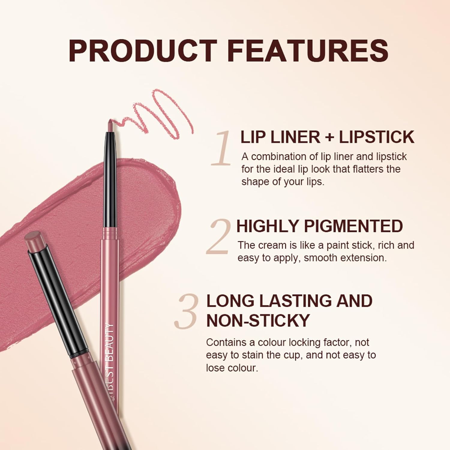 QiBest Nude Rose Pink Cream Lipstick with Lip Liner Makeup Set for Women, Soft Matte Lip Stick Silk Finish with LipLiner Pencil 24 Hours Original Waterproof Labials, Velvety & Non-Drying Formula - Image 3