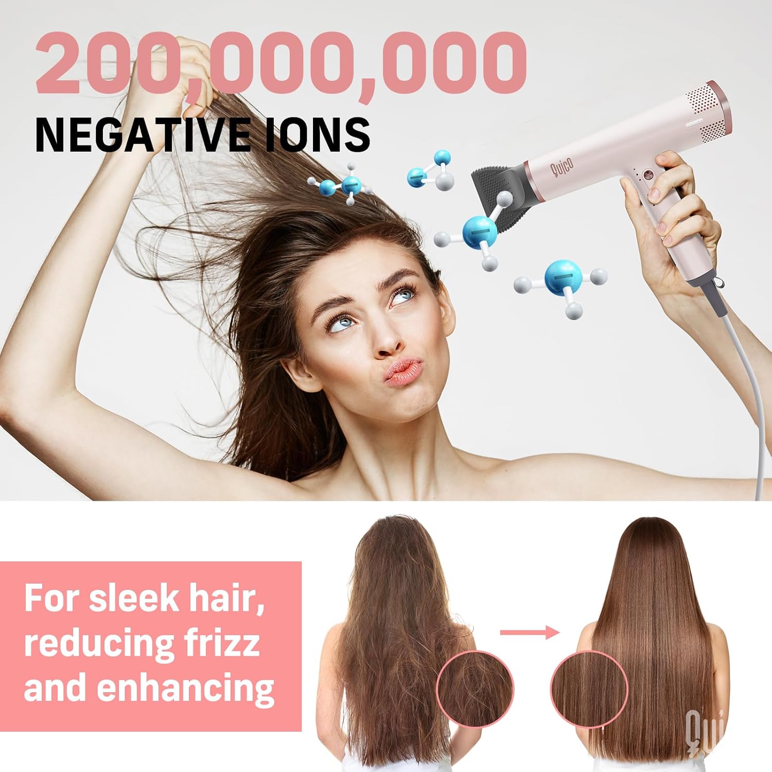 Quico Hair Blow Dryer for Women, 7X Faster BLDC Motor, Quiet 1875W 110000 RPM 2 Billion Negative Ionic Salon with Diffuser, Adjustable Temp & Speed, Portable Hair Dryer for Home Travel, Pink - Image 4
