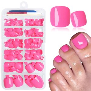 LuckForever 168pc Press on Toenails Women Fake Toe Nails with Glue Adhesive Tabs, Hot Pink Fake Toenails Press on Nail Toe Acrylic Nail Tips Short Square False Toenails Artificial Toe Nails Press on