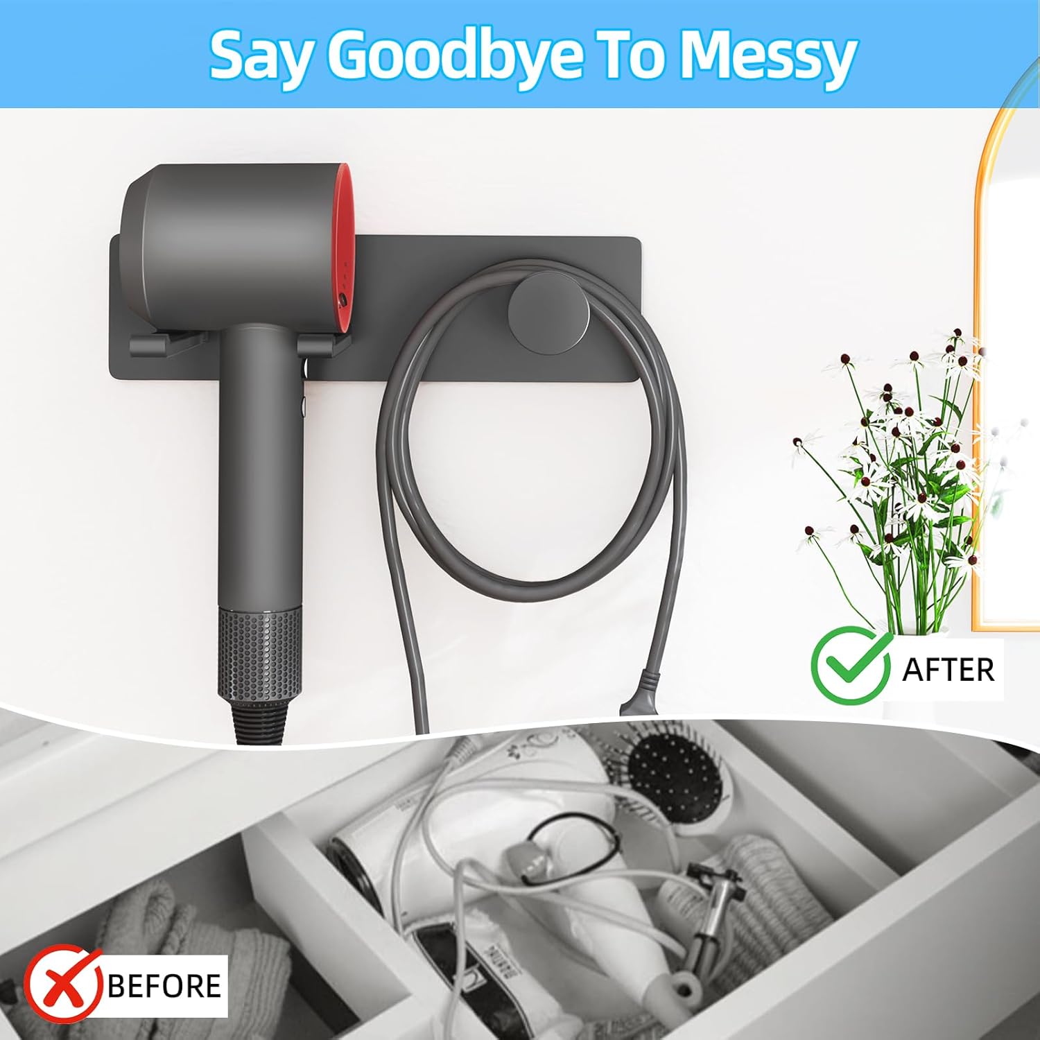Self Adhesive Hair Dryer Holder Wall Mounted-Bathroom Hair Blow Dryer Rack Organizer Compatible with Supersonic Hair Dryers, Matte Black - Image 5
