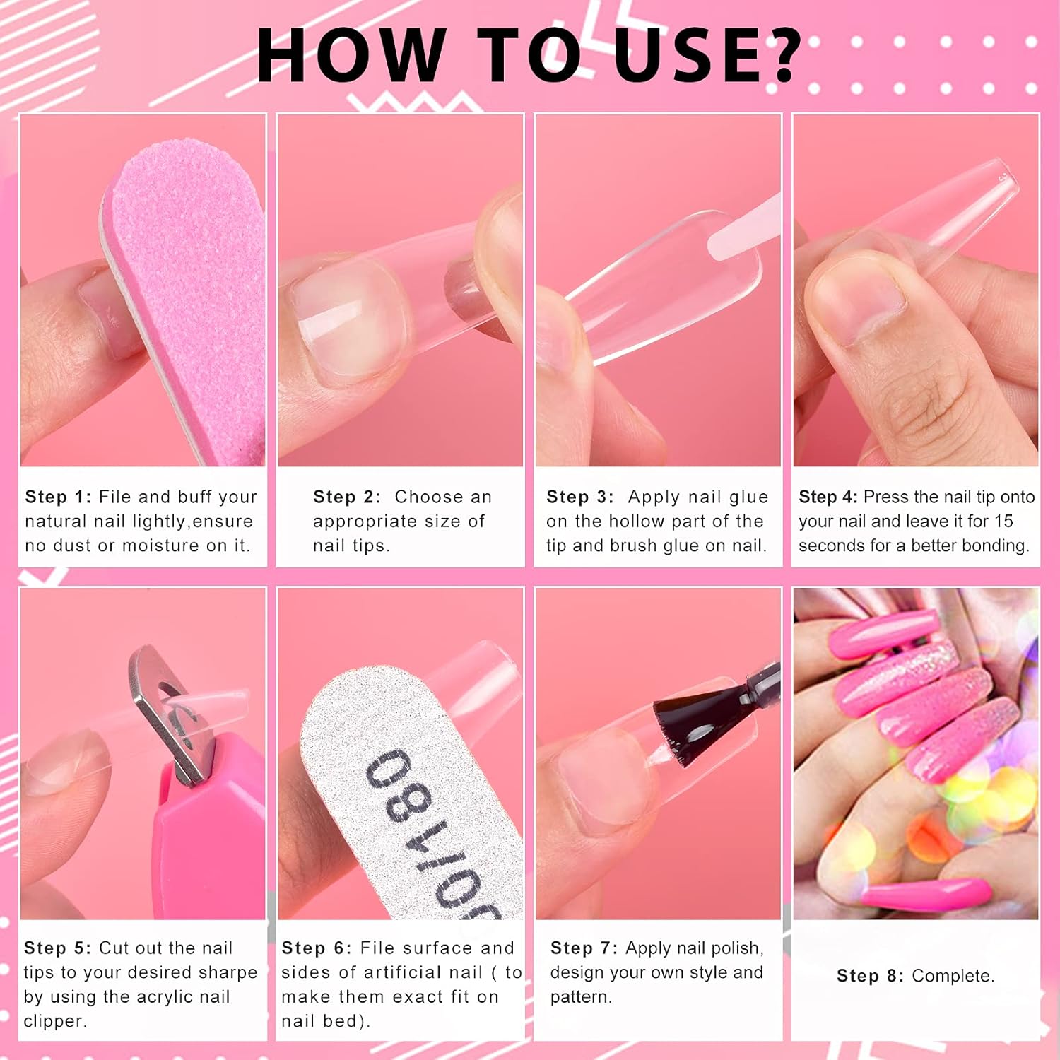 MORGLES Full Cover Coffin Nail Tips Set, 500 Pcs Clear Press On Nails, with Glue, Clipper, Files, Cuticle Pusher and Fork for Salons and Home DIY with Box - Image 7