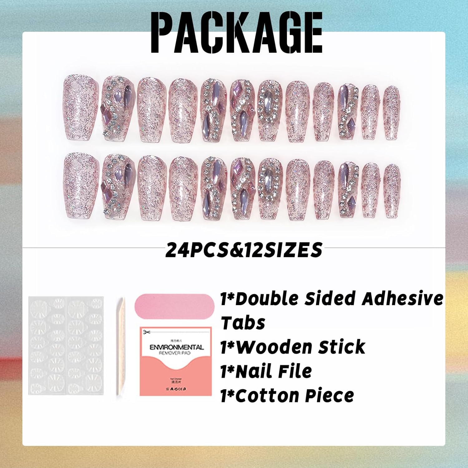 IMSOHOT Long Press on Nails Coffin Glitter Fake Nails Shiny Pink Rhinestone Full Cover False Nails Glue on Nails Luxury Ballerina Artificial Acrylic Nails for Women 24Pcs - Image 5