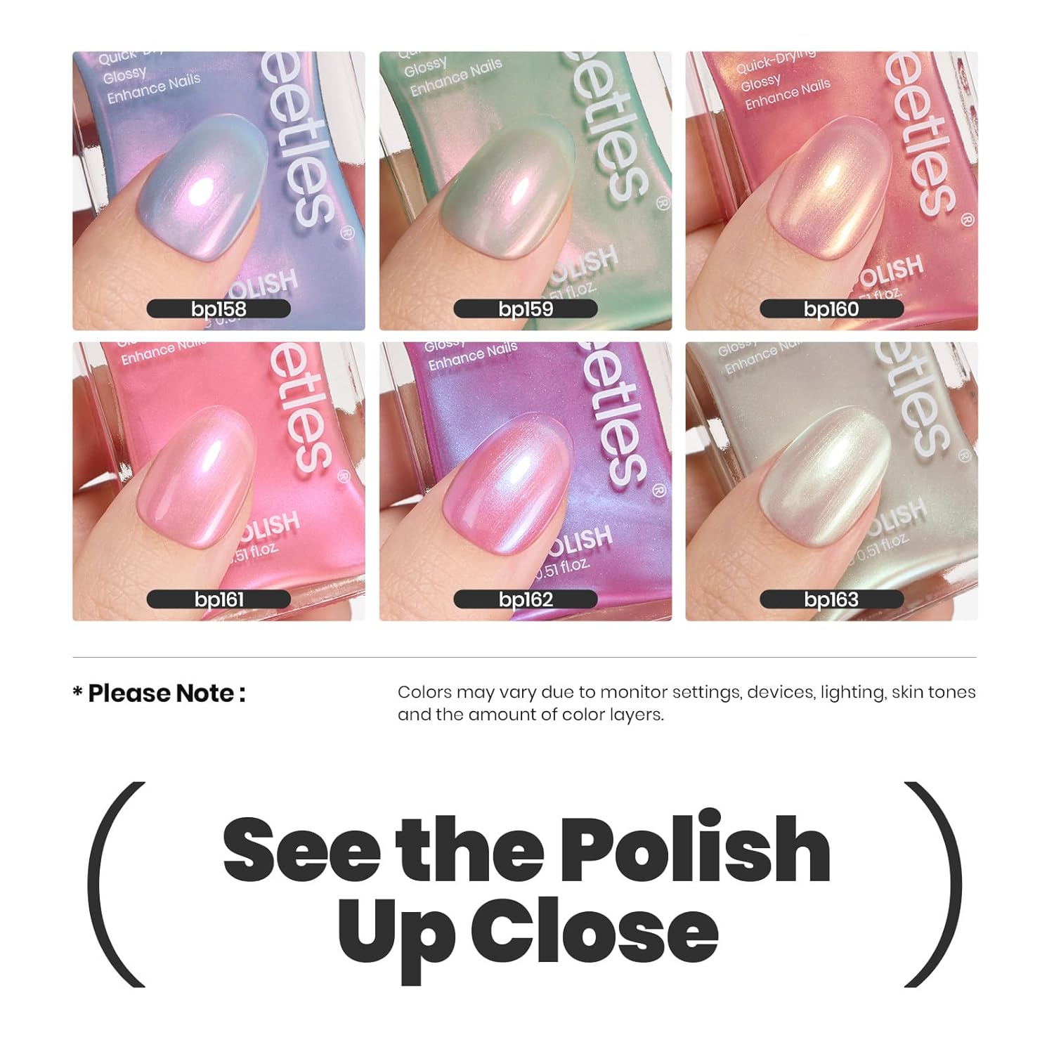 Beetles Pearl Nail Polish Set Mermaid Glow, 6 Colors Shimmer Pearl Pink Purple Quick Dry Nail Polish Long Lasting DIY Manicure Gift for Girls Women Nail Strengthener Polish - Image 6