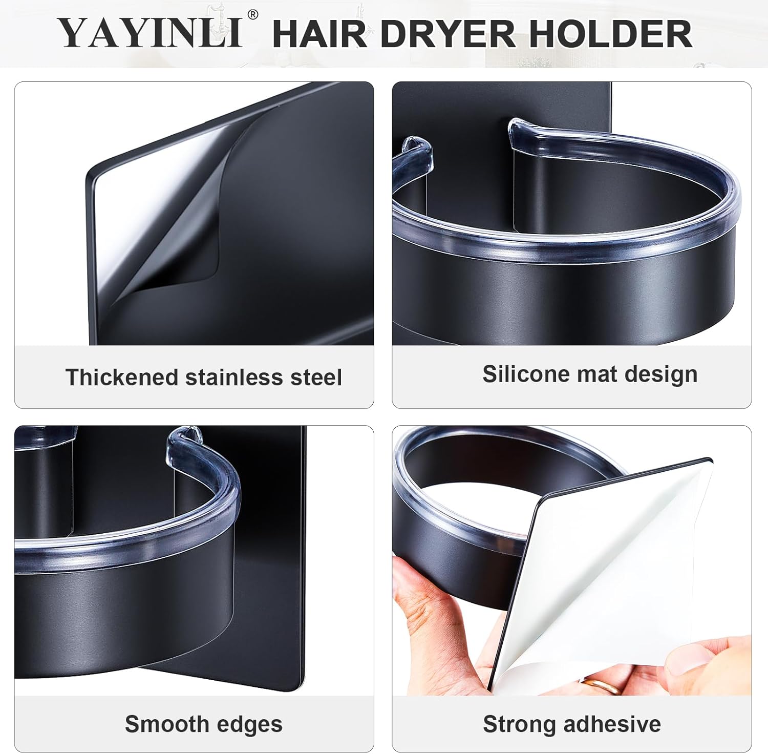 Hair Dryer Holder Wall Mount, Stainless Steel Blow Dryer Holder Wall, Adhesive Black Hair Dryer Hanger, Blow Dryer Organizer, Hair Tools Organizer Storage for Bathroom Salon Barber Shop Hotel - Image 4