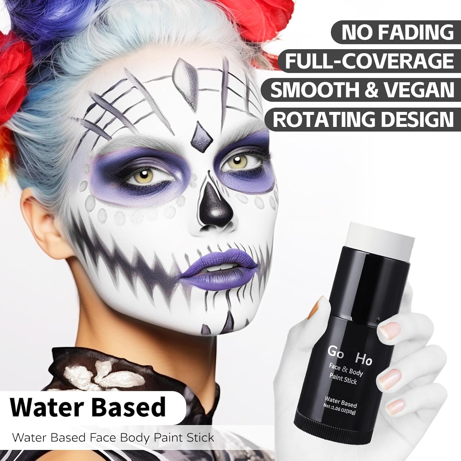 Go Ho White Face Paint,Easily Washable Formula Face Paint Stick,Non-toxic Full-coverage Cream to Powder White Face Body Paint for Halloween Cosplay Zombie Skeleton Clown Goth Makeup - Image 2