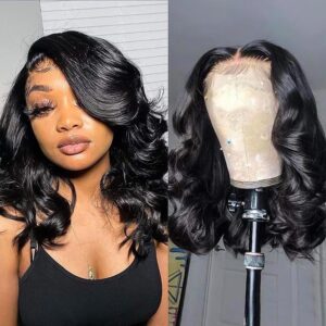 Devonia 14 Inch Bob Wig Human Hair 13x4 Body Wave Lace Front Wigs Human Hair Pre Plucked HD Frontal Lace Wig 180 Density Glueless Wigs for Women Bob Wigs Natural Black Color