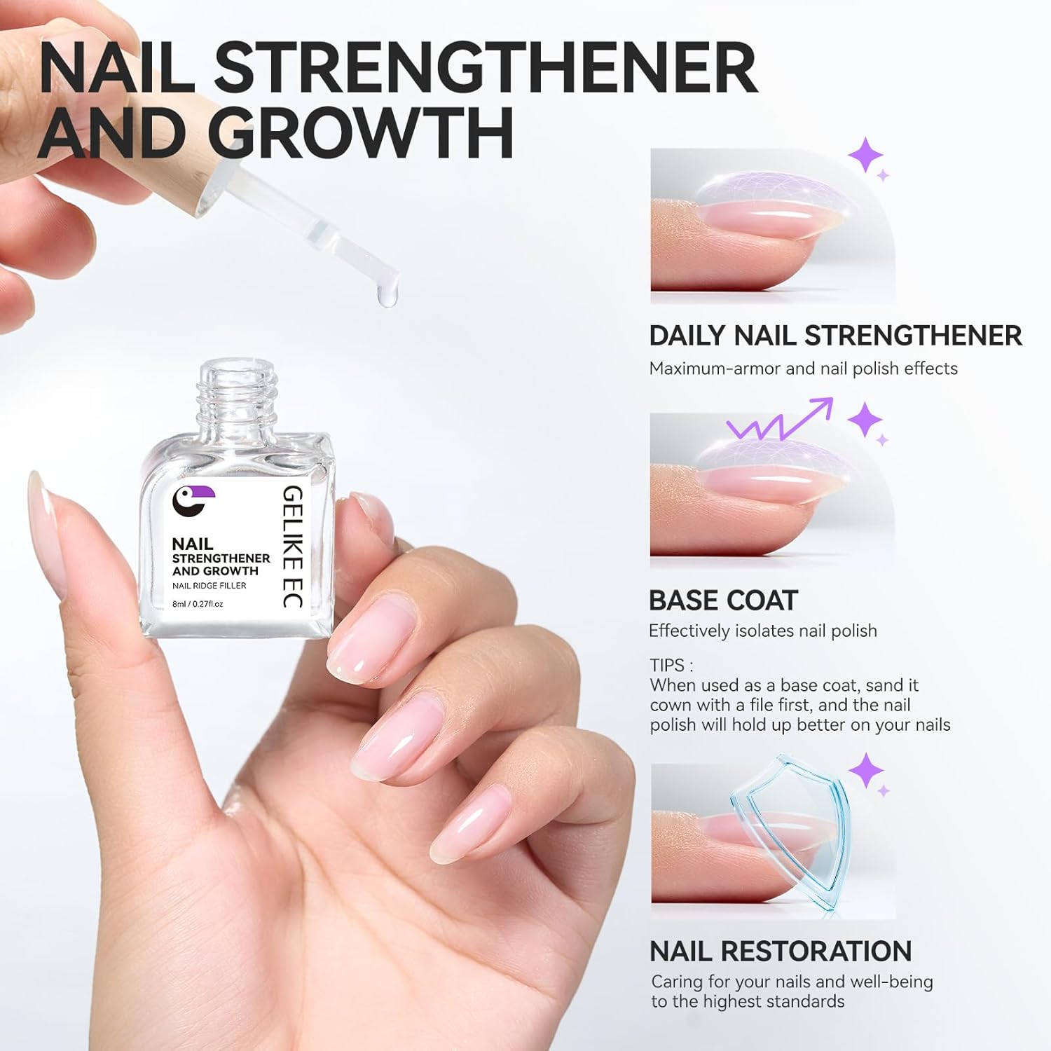Gelike EC Ridge Filler Nail Strengthener: Extra Strong Nail Hardener for Damaged Nails & Growth Treatment for splitting nails - Organic, Vegan, Cruelty Free for Daily Home Salon - Image 3