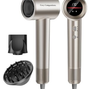 Hair Dryer, 150000RPM High-Speed Hairdryer for Fast Drying, Low Noise, HD Display, 5 Temps & 2 Speeds, 500 Million Negative Ionic Blow Dryer with Diffuser & Nozzle, Gold