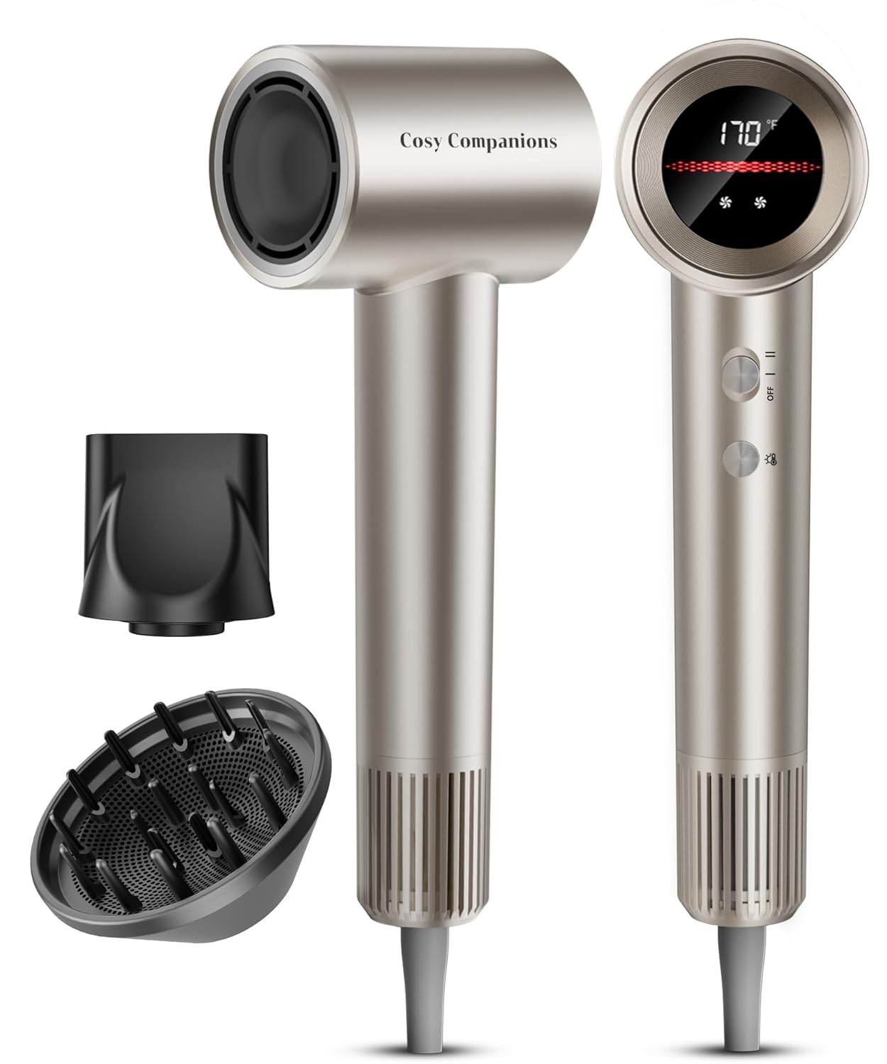 Hair Dryer, 150000RPM High-Speed Hairdryer for Fast Drying, Low Noise, HD Display, 5 Temps & 2 Speeds, 500 Million Negative Ionic Blow Dryer with Diffuser & Nozzle, Gold