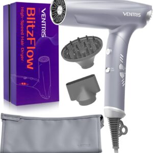 VENTRIS 1400W High-Speed Ionic Hair Dryer, Fast-Drying Lightweight Low-Noise Blow Dryer with Magnetic Diffuser & Concentrator, Cold Shot Button, BlitzFlow Series, Ethereal Gray