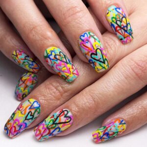 Rainbow Valentine's Day Press on Nails Medium Coffin Shape, Painting Fake Nails Gel Glue on Nails with Multicolor Heart Design, Matte Graffiti Manicure Art Acrylic False Nails Stick on Nails for Women
