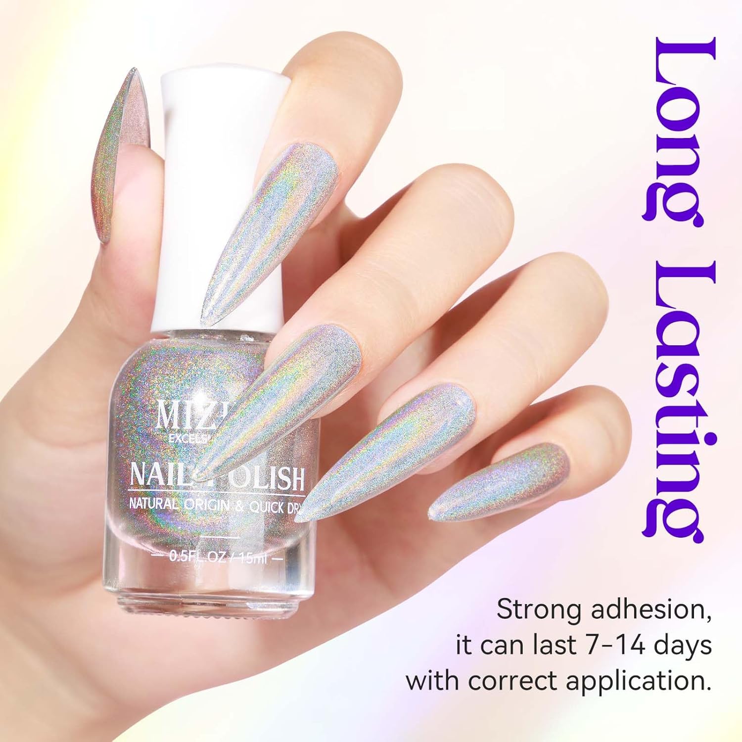 MIZHSE Holographic Nail Polish, Silver Glitter Nail Polish Air Dry Fast, 15 ml 0.5 fl oz High Glossy Shiny Nail Pigment Oil-based Laser Iridescent Nail Lacquer Chrome Halo Nail Art Salon Manicure Home - Image 5