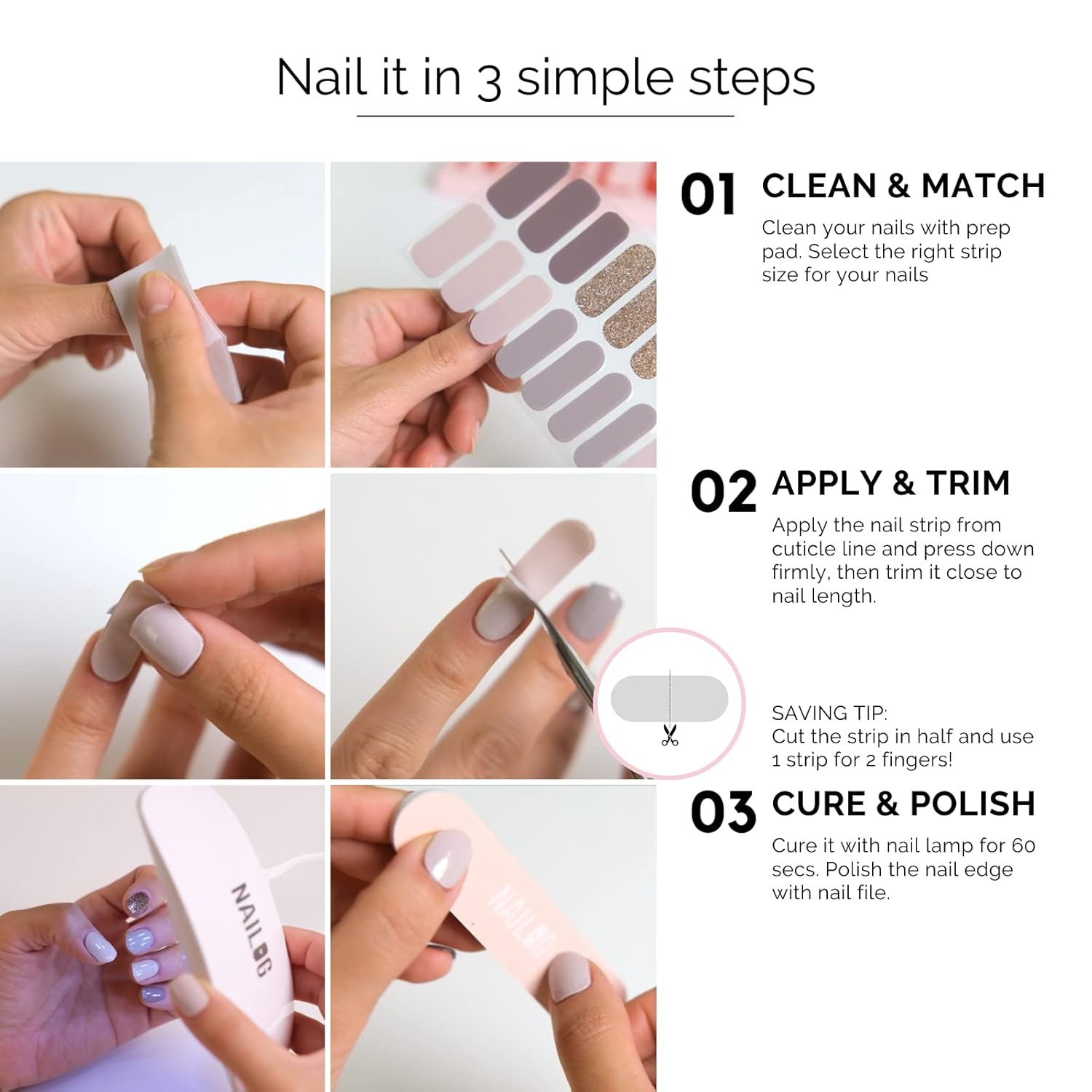 NAILOG Semi Cured Gel Nail Strips (20 Extra Long Checkered Polish Stickers/Wraps) │ Glossy & Long Lasting Soft Gel Finishing (Full Speed) - Image 6