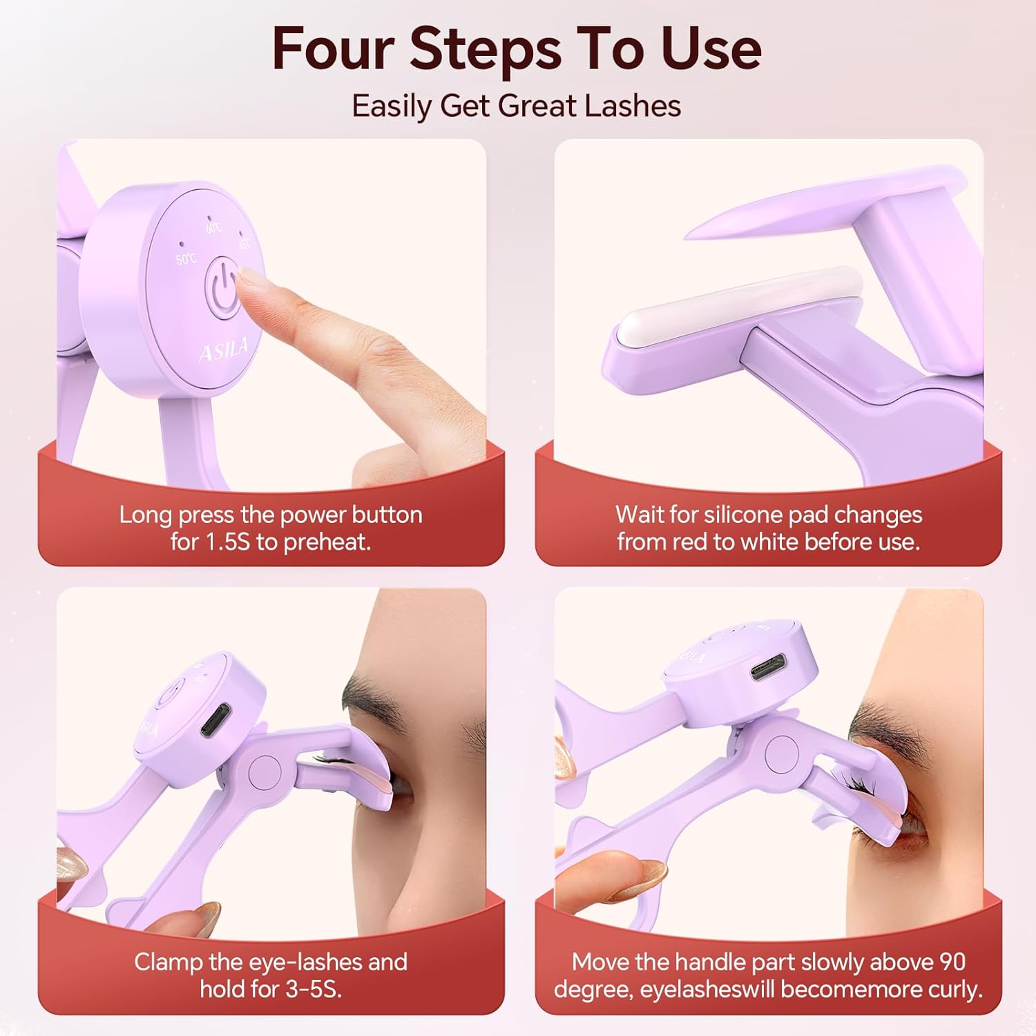 Heated Eyelash Curlers with 3 Heating Modes, C-Shaped Natural Curling, 24 Hours Long Lasting, Rechargeable Electric Eyelash Curler with Type-C, Anti-Burn Mini Lash Curler, Gift for Women Girls, Purple - Image 5