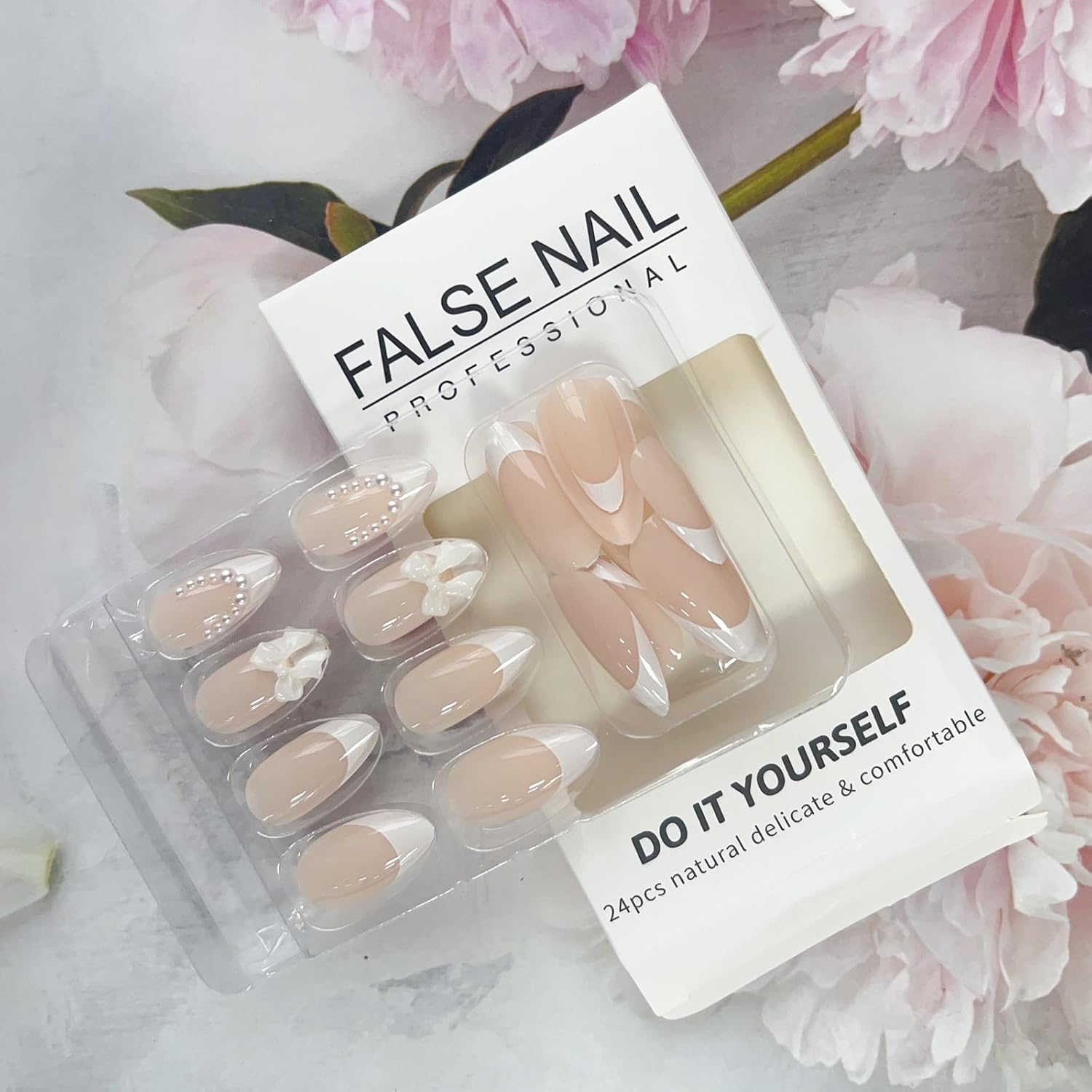White French Tip Press on Nails Almond Medium Fake Nails with Charms 3D Bow Pearl Acrylic False Nails Cute Artificial Nails Press ons Reusable Glue on Nails for Women and Girls 24Pcs - Image 5