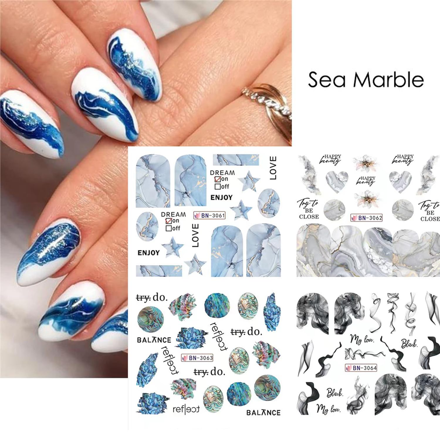 12 Sheets Watercolor Marble Nail Water Transfer Decals Nail Art Stickers Colorful Halo Staining Marble Stripe Designs Nail Art Supplies Spring Nail Tattoo Watermark Stickers Accessories for Women - Image 3