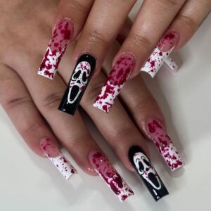 Halloween Press on Nails Long Square Horror Fake Nails White French Tip Full Cover Bloody Drop Gothic Halloween Nail Art Decorations Ghost False Nails Glue on Nails for Women Acrylic Nails 24Pcs