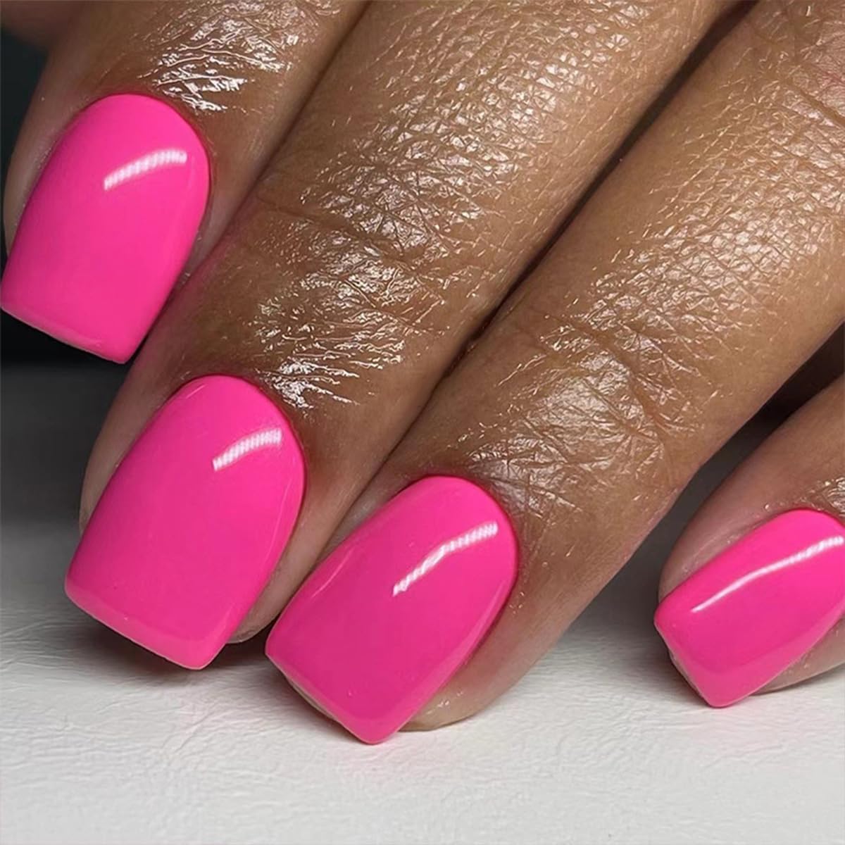 Hot Pink Press on Nails Short Square Fake Nails Pink False Nails with Designs Solid Colour Acrylic Glossy Full Cover Glue on Nails Press ons Cute Artificial Stick on Nails for Women Manicure 24 Pcs