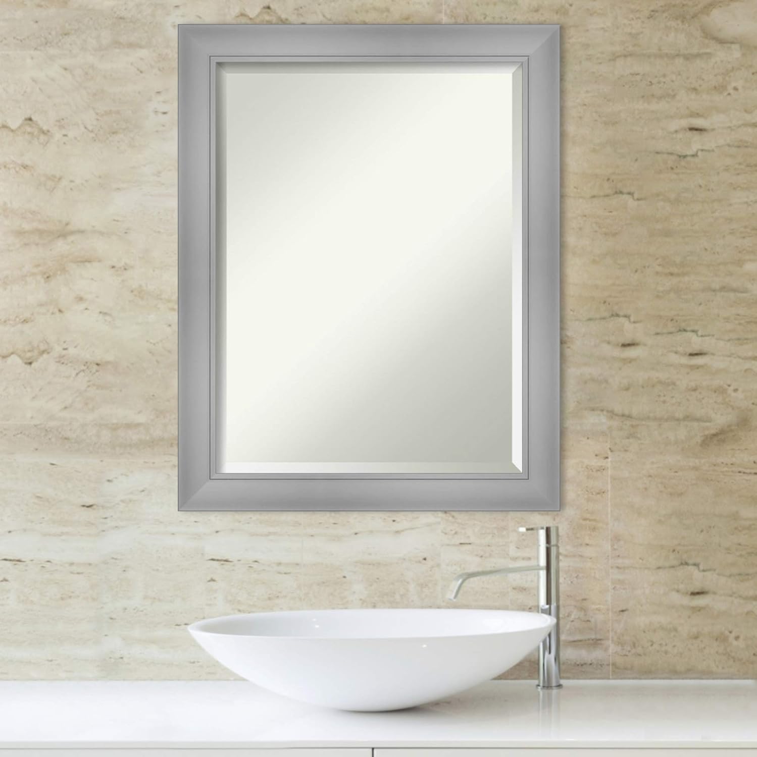 Amanti Art Silver Bathroom Mirror for Over Sink, 28x22 Flair Polished Nickel Rectangle Vanity Mirror, Medium Casual Frame, Hangs Horizonally and Vertically, Bathroom Wall Decor, Beveled Edge - Image 5