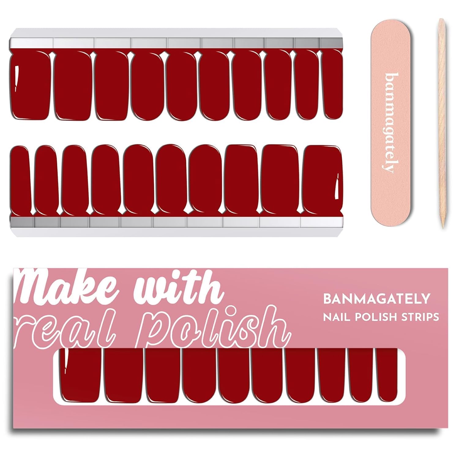 Nail Polish Strips, 20Pcs Salon Quality Gel Nail Stickers, Easy Long Lasting Wraps for Short Nails no UV Light Needed (Red)