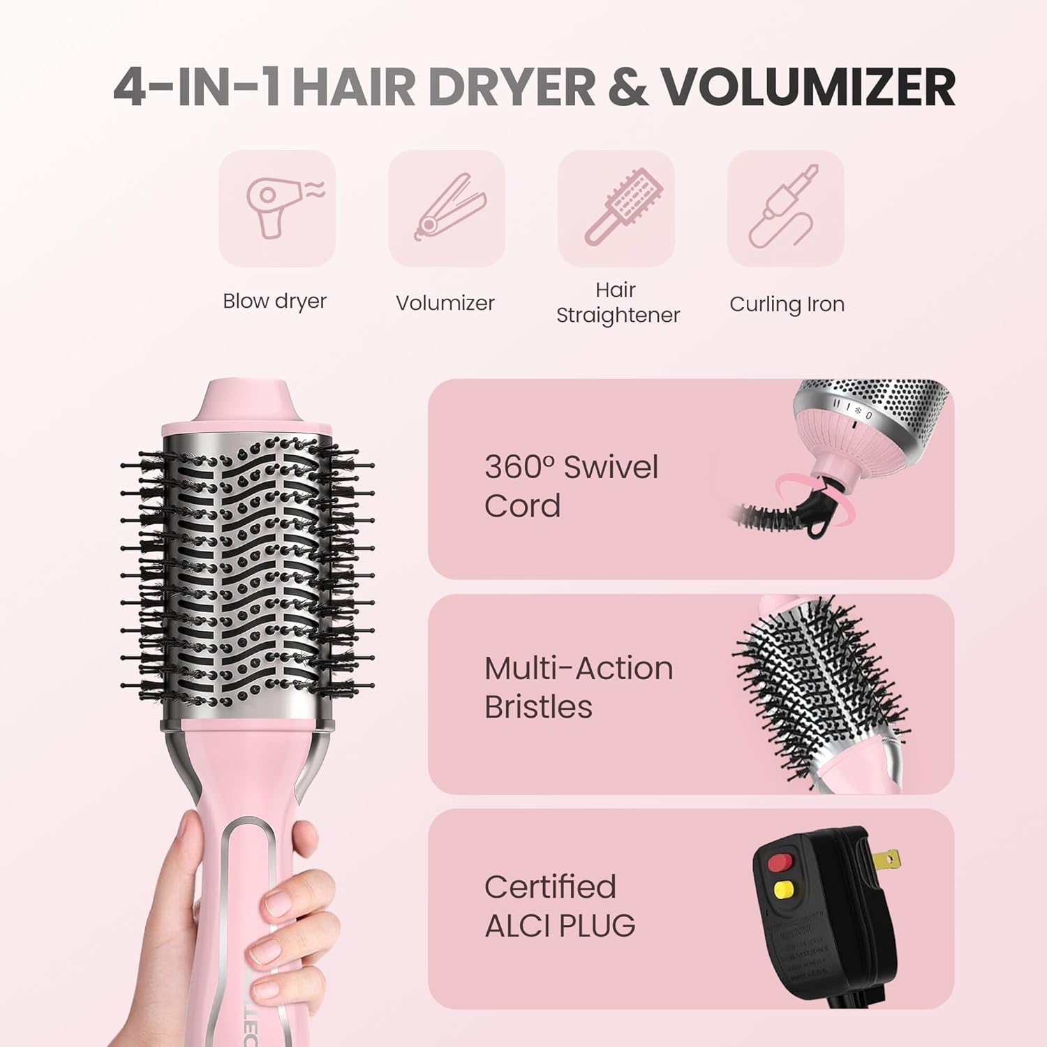 PRITECH 1000W Dual Voltage Ceramic Ionic Hair Dryer Brush,4-in-1 Hot Air Styler & One Step Volumizer for Straight & Curly Hair Salon (110-120V/220-240V),Blush Silver - Image 4